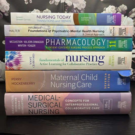 Nursing School Core Textbook Bundle – 6 Books (Fundamentals, Pharm, Med-Surg, Psych, OB) | Evolve